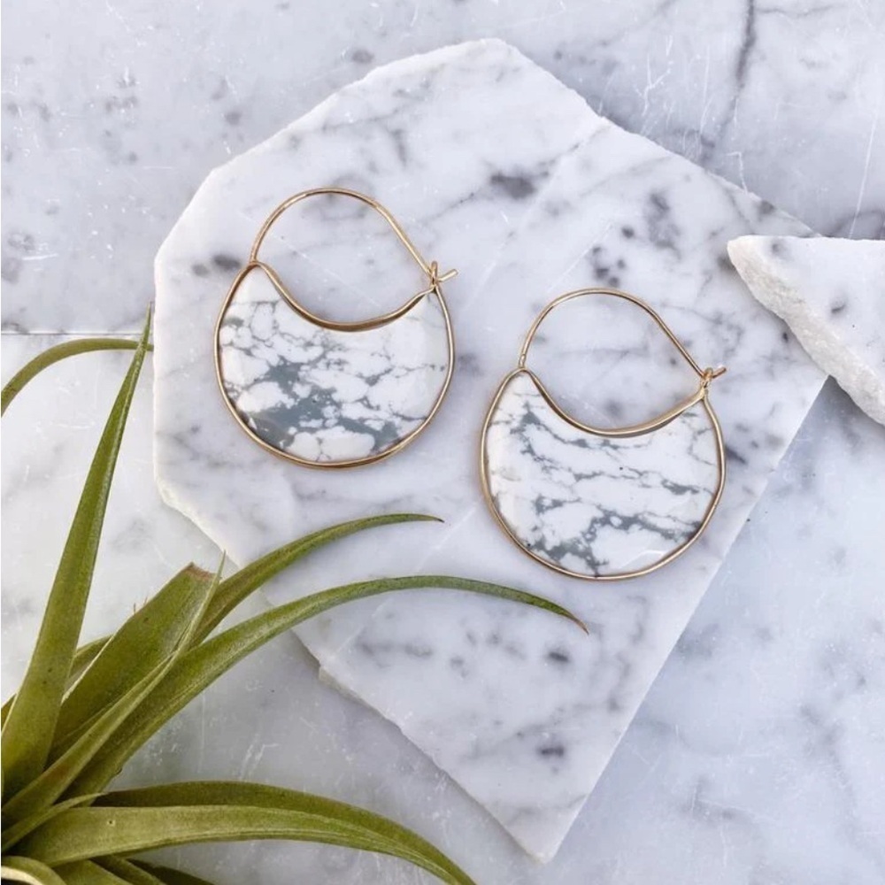 White Howlite Round Hoop Marble and gold Earrings Hoops by Minor Metal. - Picture 2 of 8